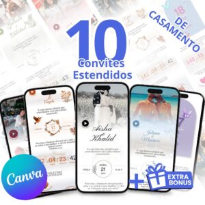 Pack 10 convites casamento estendidos Editáveis no Canva + Bonus