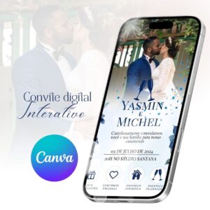 Convite virtual interativo Floral Azul edite com o Canva (Com tutorial)