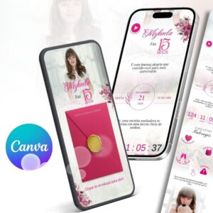 Convite digital interativo estendido aniversário 15 anos Rosa Fucsia (Canva)