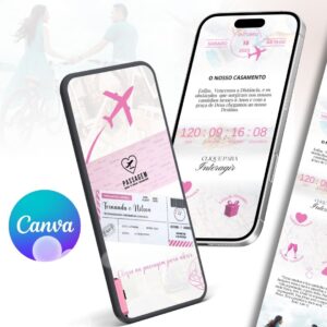 Convite digital interativo estendido Viagem rosa Casamento Canva